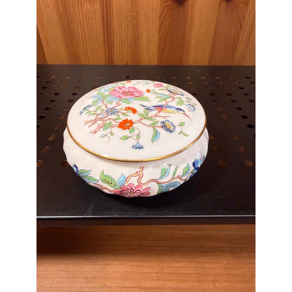 Aynsley Pembroke Bone China Covered Trinket Box England Bird Floral 4"